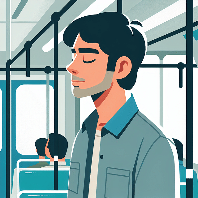 commuter standing on a bus with eyes closed feeling grounded