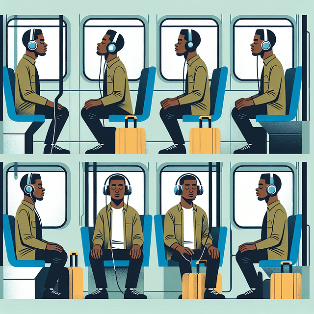 commuter with headphones meditating