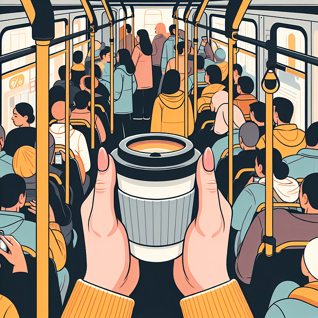 hands holding a warm cup of coffee on a crowded bus