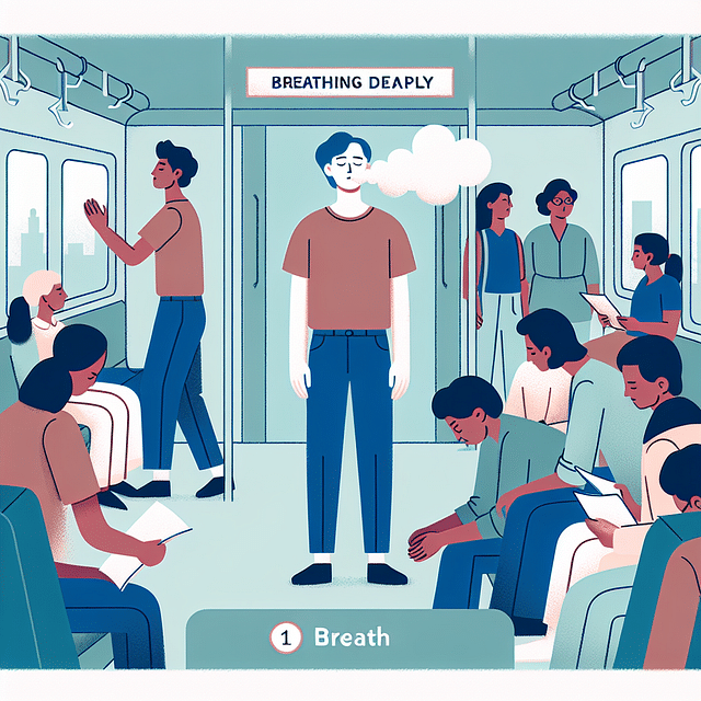 person breathing deeply on a busy train