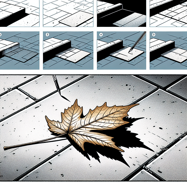 focused gaze on a leaf on the city sidewalk