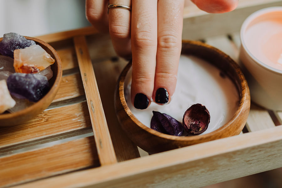 Meditation bowl on a rustic wooden table