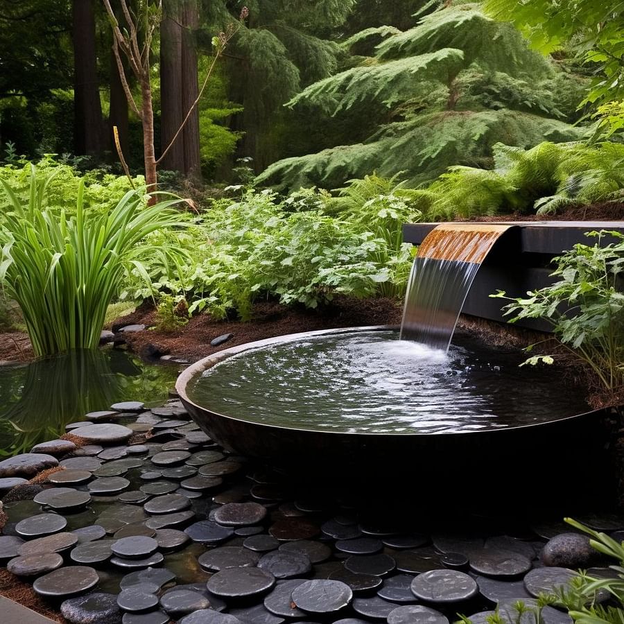 A serene water feature in a tranquil meditation garden