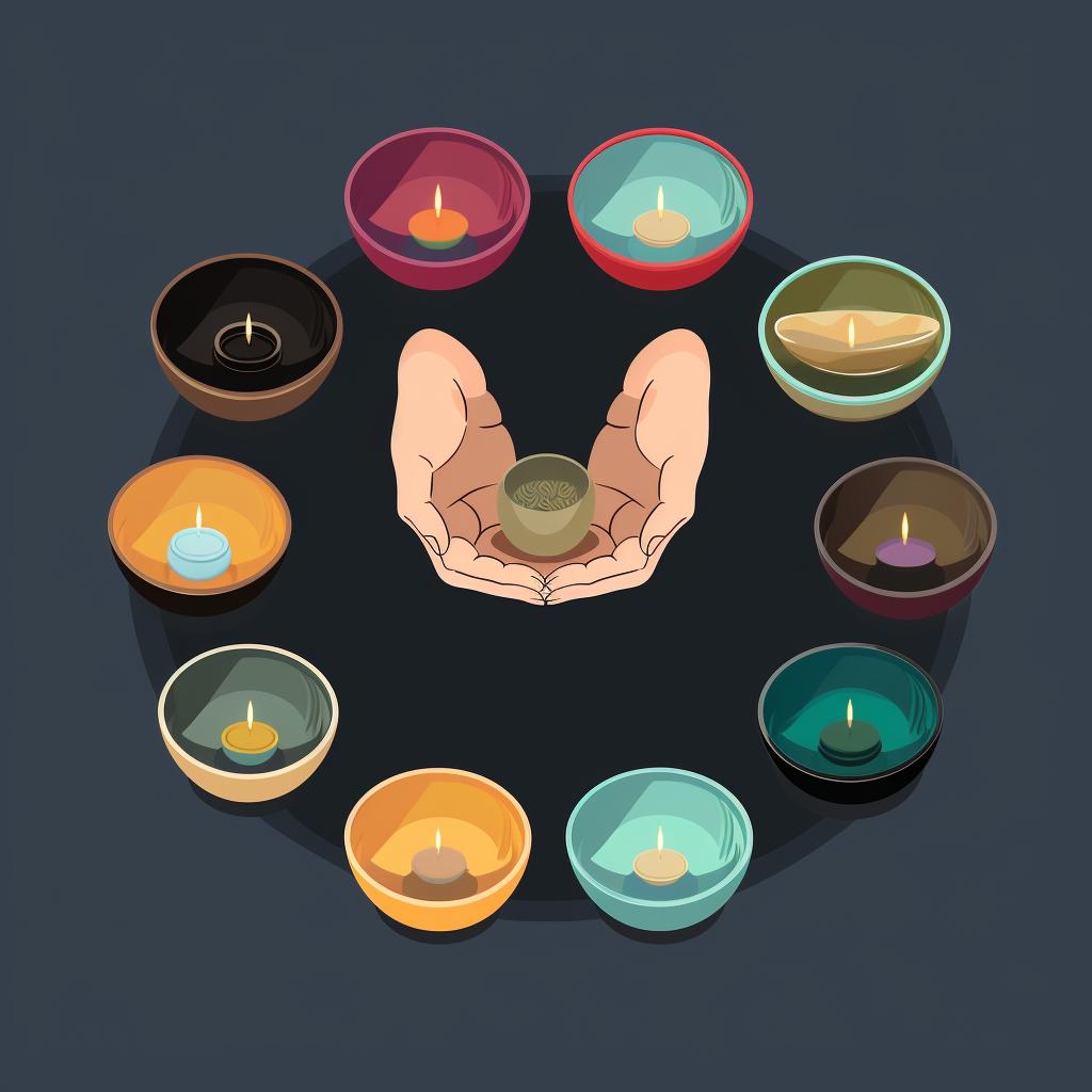 A hand selecting a meditation bowl from a variety