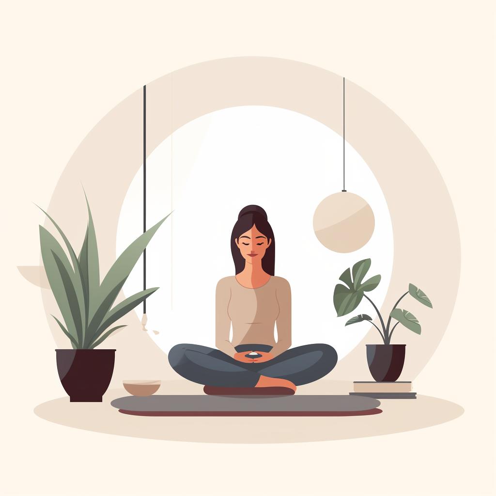 A person sitting comfortably in a quiet room with a meditation bowl nearby
