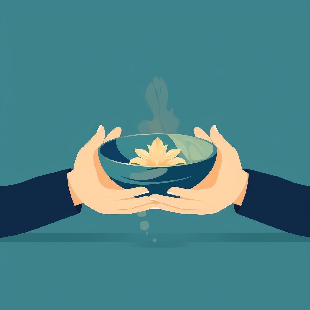 A hand gently holding a meditation bowl