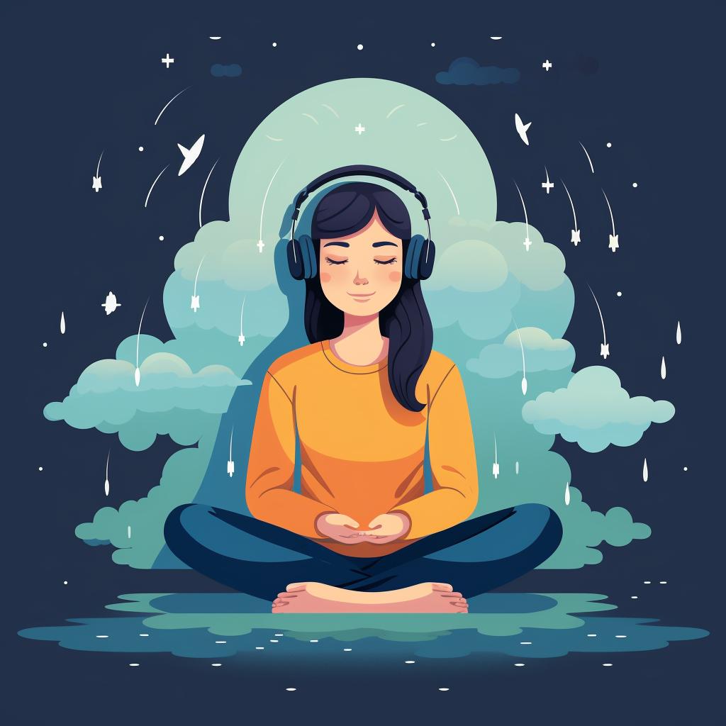 Person meditating with eyes closed, focusing on rain sounds