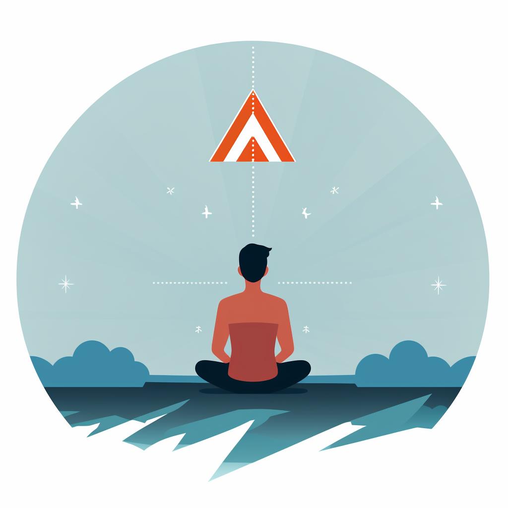 A person meditating, with a focus arrow returning to a symbol of breath