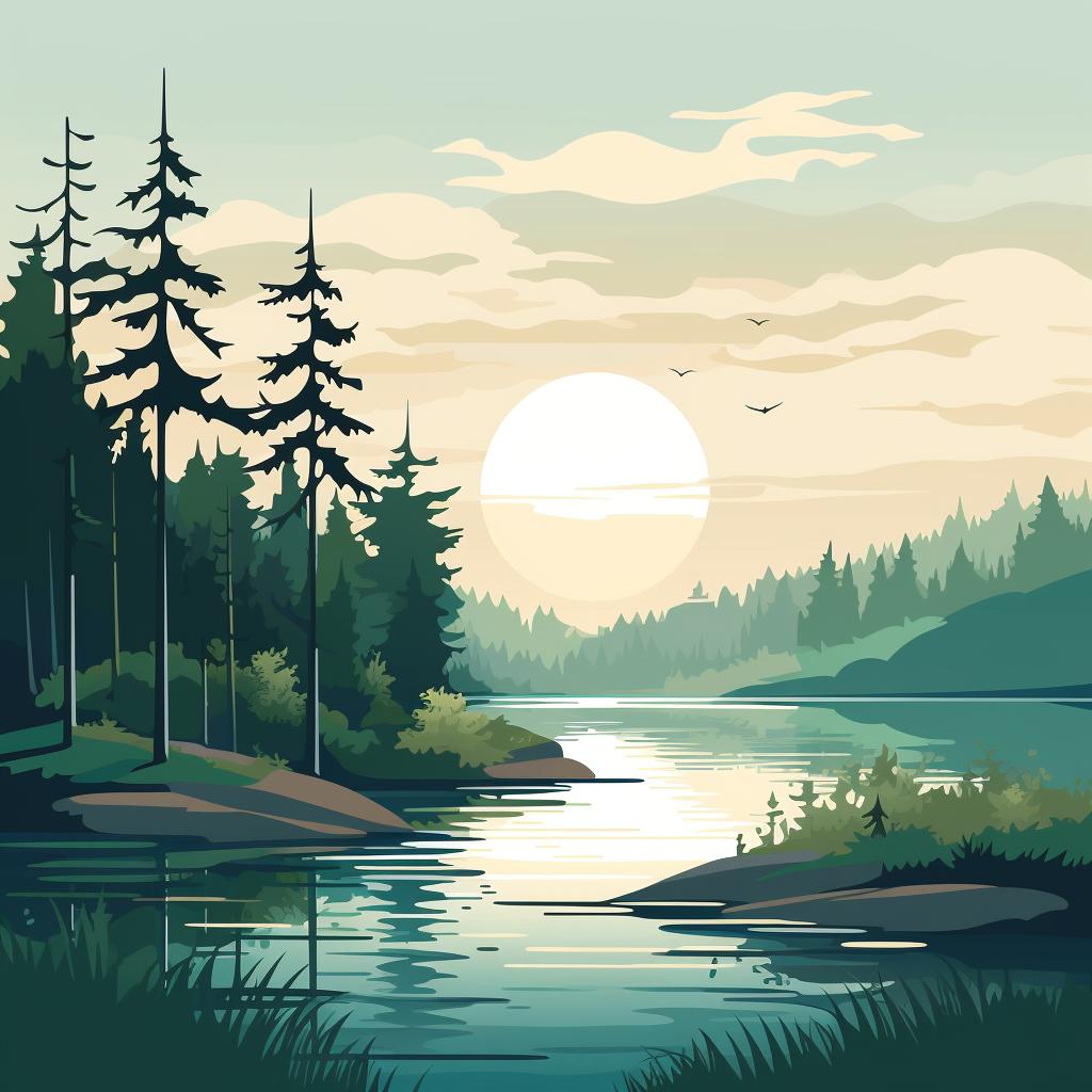A serene forest with tall trees and a calm ocean with gentle waves.